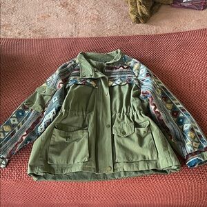 Olive Green Utility Jacket with Patterned Sleeves
